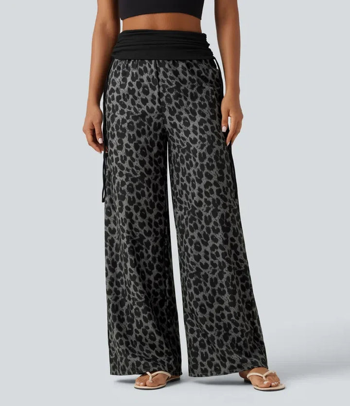 Vikbar midja med hög midja rynklad dragsko baggy leopardmönstrad vardagsbyxor med fickor
