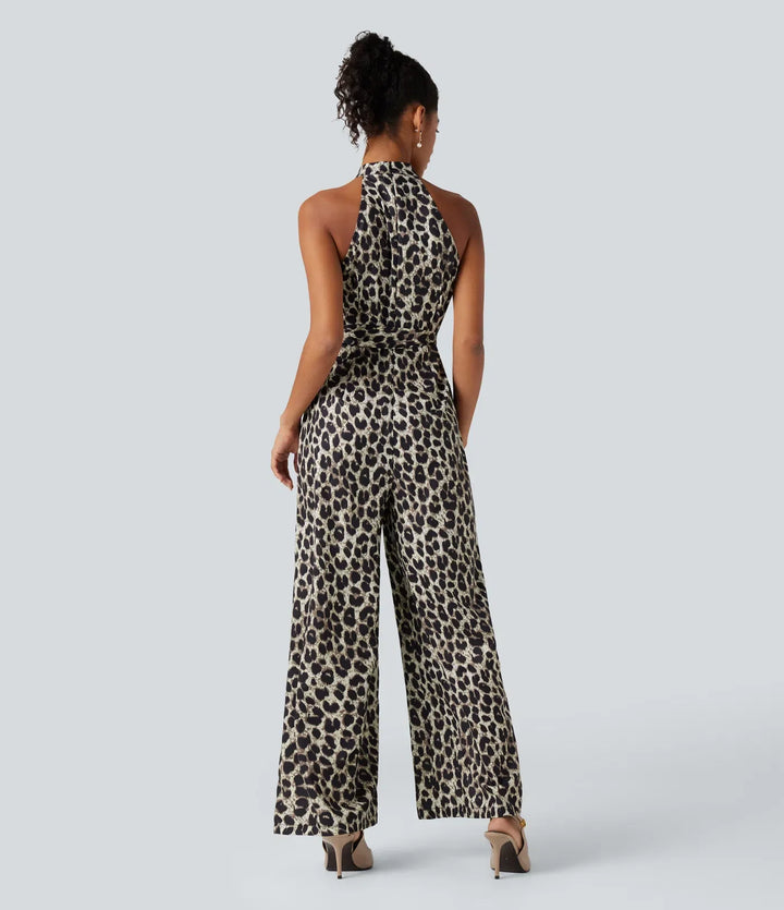 Halterneck ärmlös bältad leopard fest jumpsuit med fickor