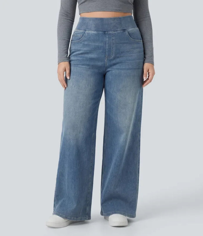 Lyckera Flex högmidjad fickor baggy vida ben tvättad vardaglig plusstorlek jeans