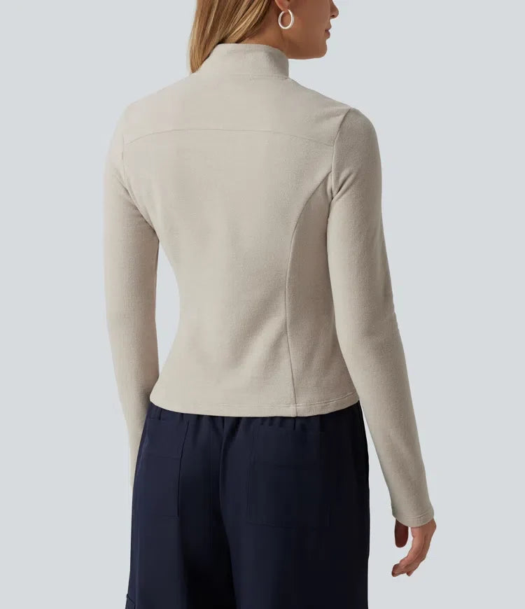 Ståkrage långärmad fleece vardaglig jacka med fickor