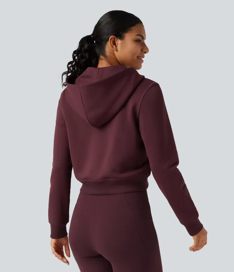 Med huva långärmad fleece träning sweatshirt med fickor