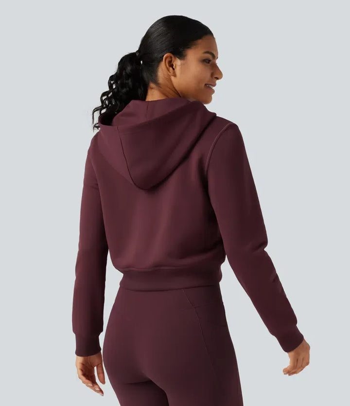 Med huva långärmad fleece träning sweatshirt med fickor