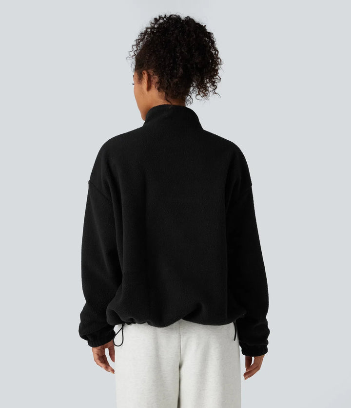 Vändbar hög hals långärmad dragkedja fleece vandringsjacka med fickor (två looks i en)