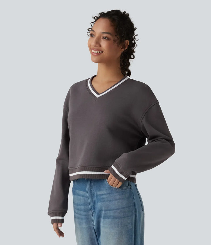 V-ringad långärmad färgblock vardaglig bomull sweatshirt