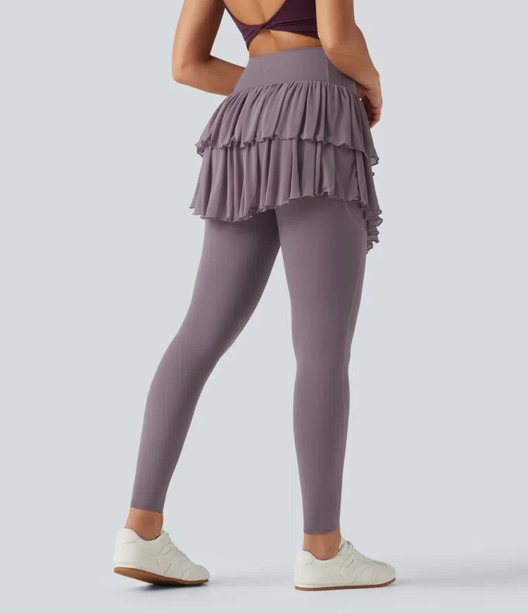 Softlyzero med hög midja omlott kontrastmesh träning leggings med kjol med fickor