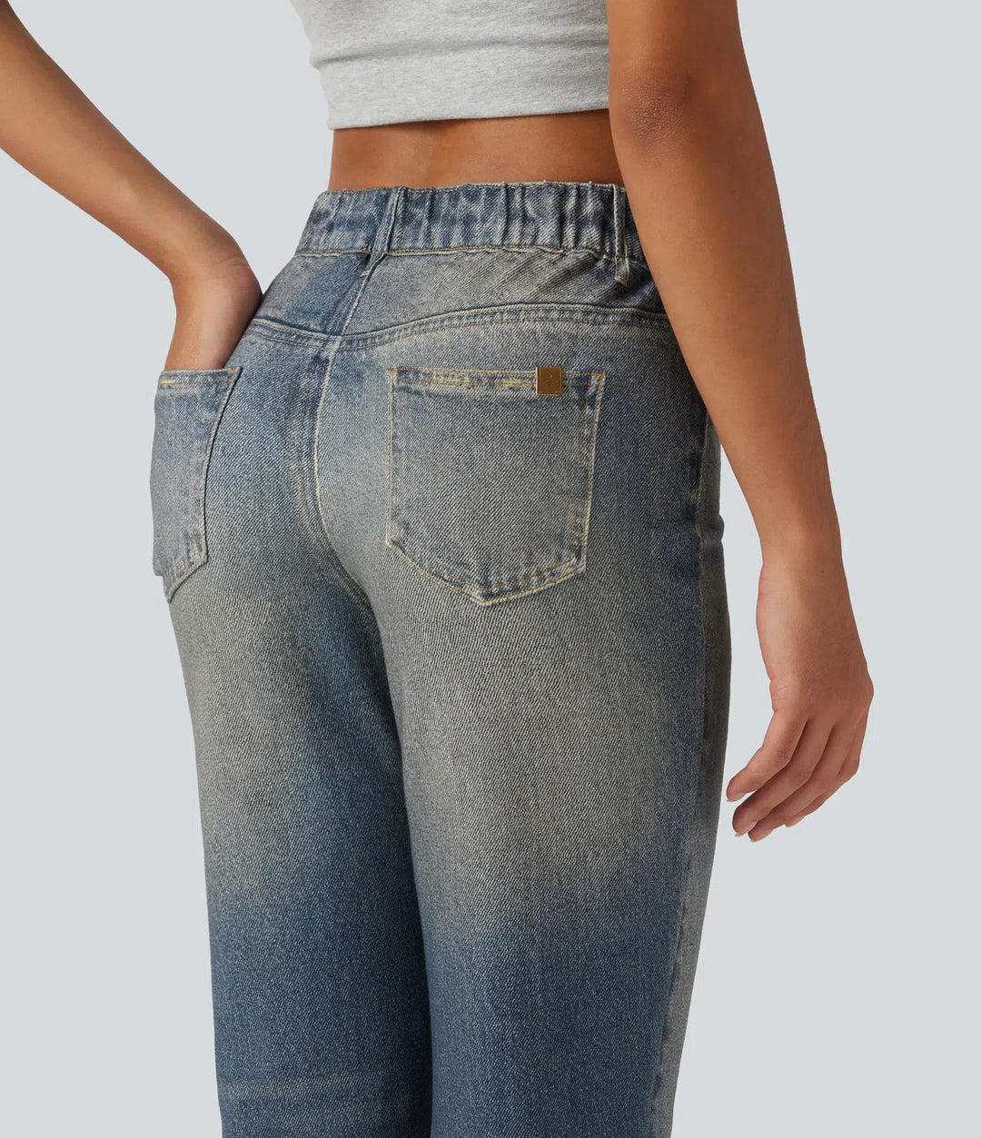 Medelhög midja denim mönster vardaglig utsvängd jeans med fickor