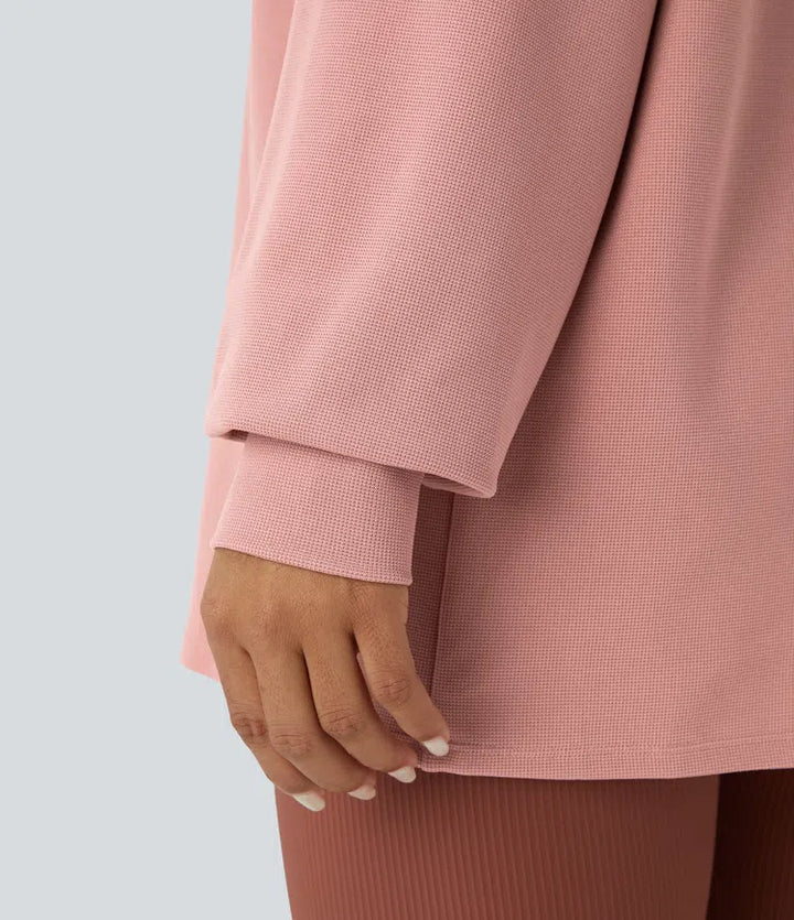 V-ringad nedhasad axel avslappnad våffelstruktur vardaglig sweatshirt