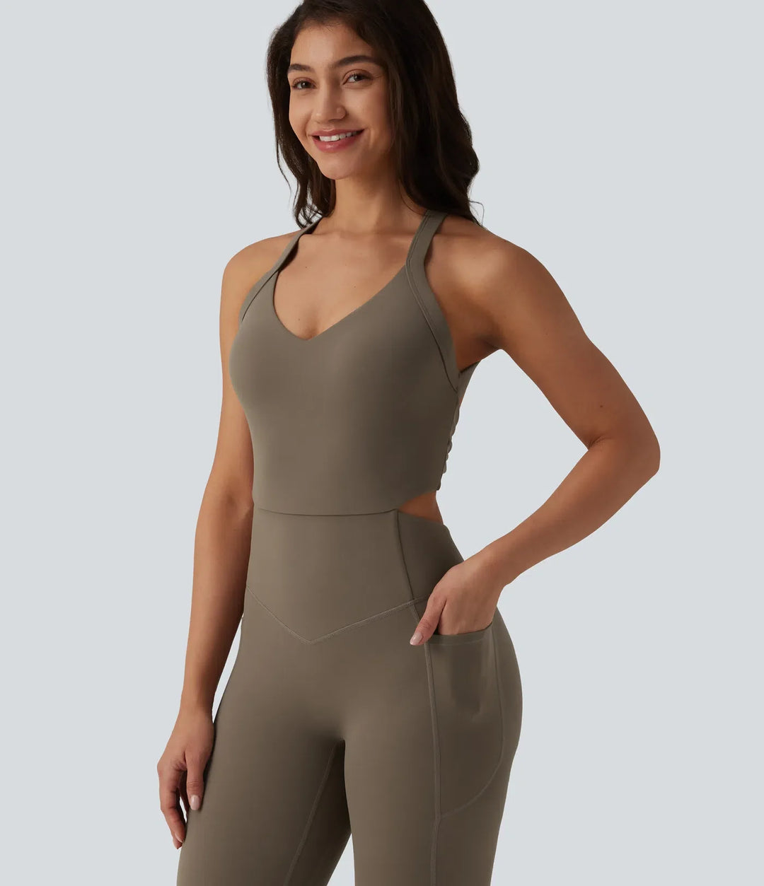 Lyckera UltraSculpt vriden rygglös magkontroll rumplyftande bootcut träning jumpsuit med fickor-Easy Peezy Edition