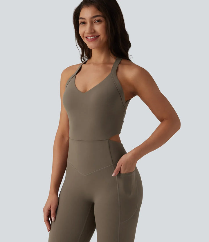 Lyckera UltraSculpt vriden rygglös magkontroll rumplyftande bootcut träning jumpsuit med fickor-Easy Peezy Edition