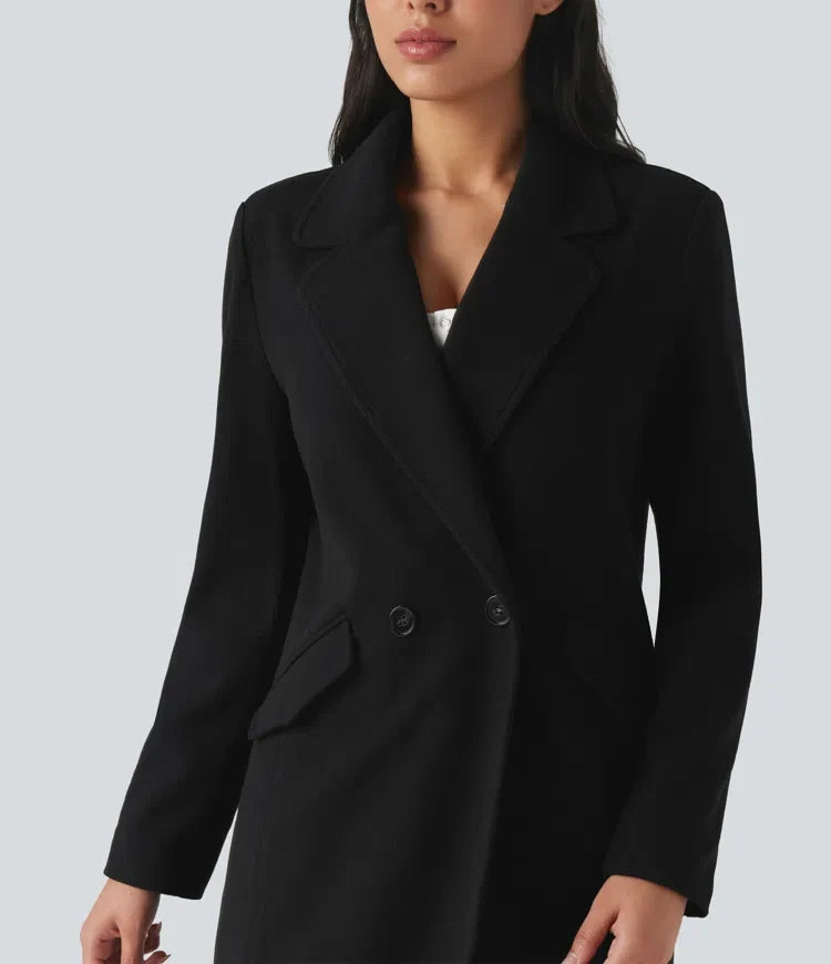 Notchkrage långärmad lång modell fleece vardaglig kappa med fickor