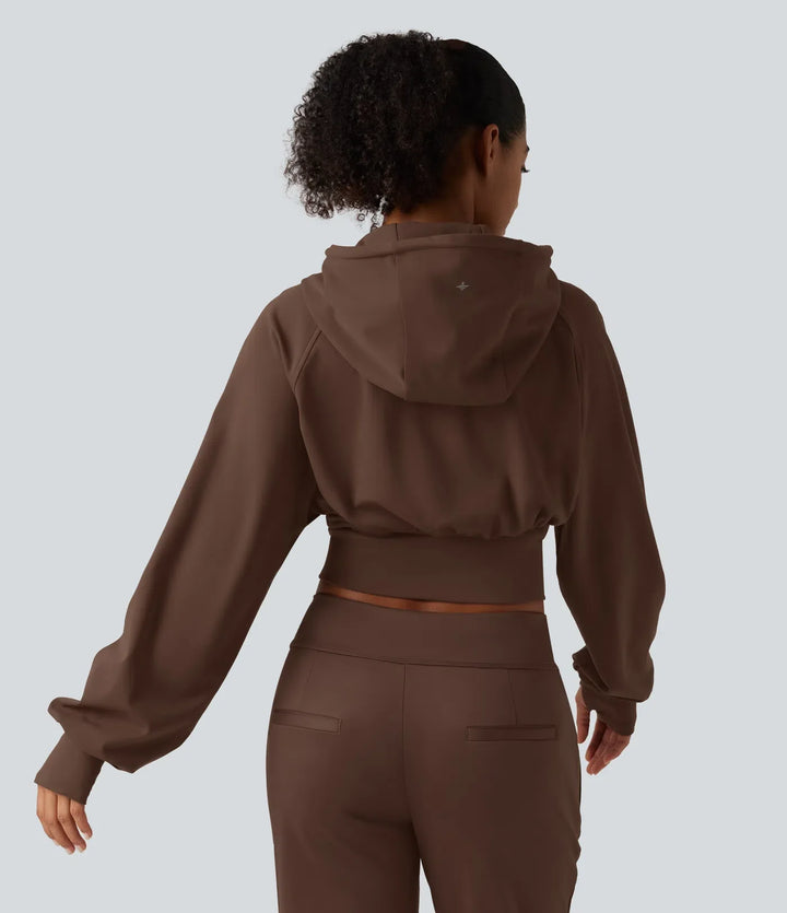 Med huva raglan ärm croppad yogajacka med dold ficka och tumhål