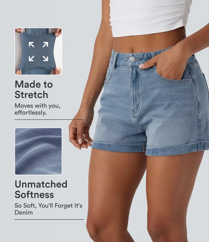 Halara Flex med medelhög midja dragkedja fickor denim vardagsshorts 3''