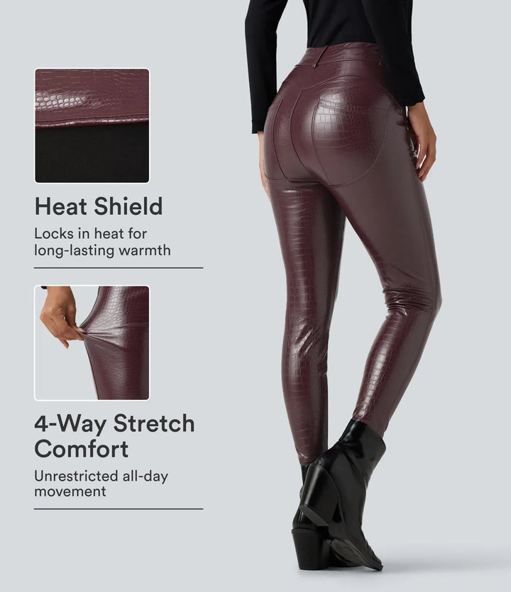 Med hög midja ormskinnsmönster tryck stretchig PU fleece vardagsleggings med fickor