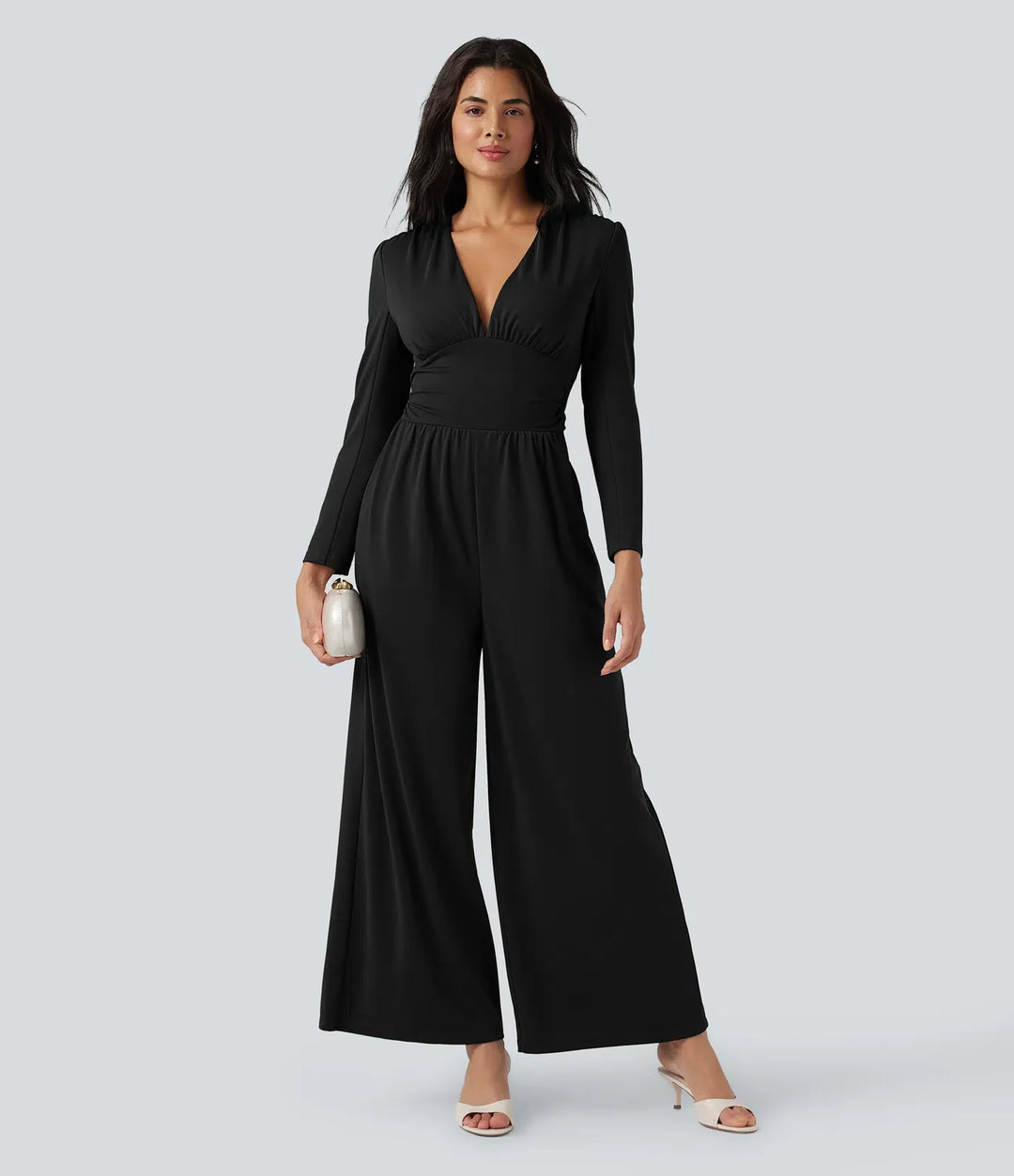 V-ringad långärmad rynkat jumpsuit med fickor-Easy Peezy Edition