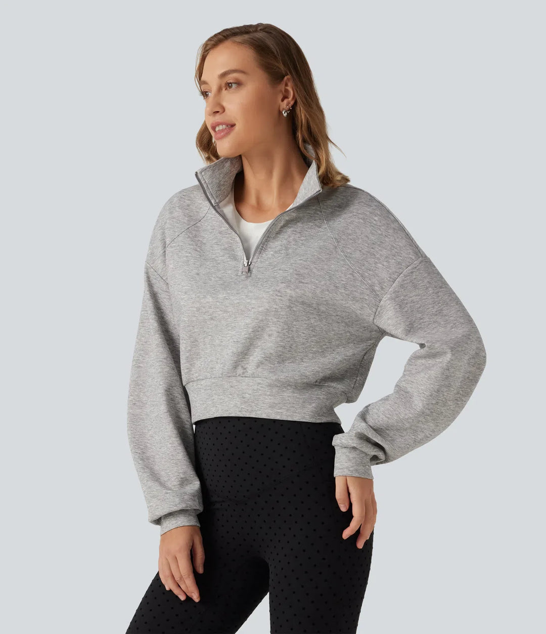 Ståkrage halv-dragkedja lång raglanärm vardaglig croppad sweatshirt