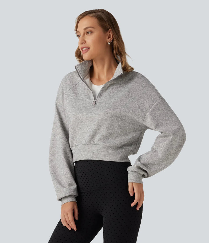 Ståkrage halv-dragkedja lång raglanärm vardaglig croppad sweatshirt