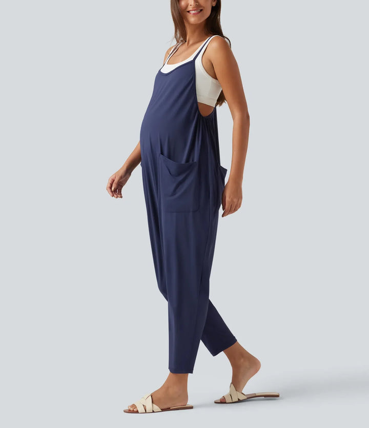 Fyrkantig halsringning avsmalnande vardaglig mamma jumpsuit med fickor