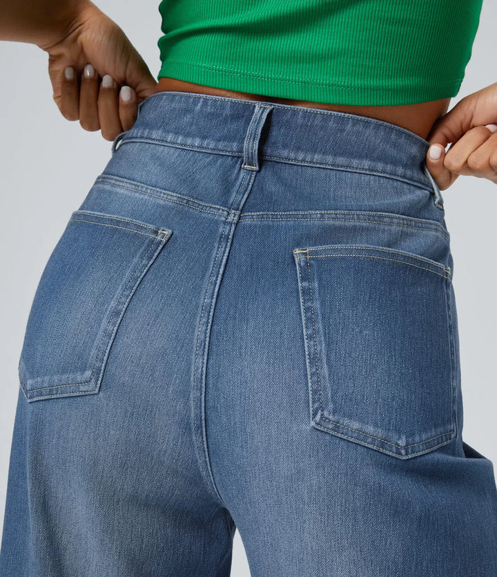 Lyckera Flex högmidjad fickor upprullad fåll vida ben tvättad vardagsjeans