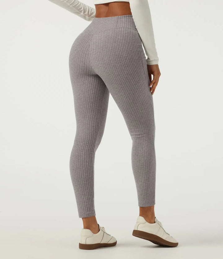 Ribbstickad crossover högmidjad skinny vardagsleggings med fickor