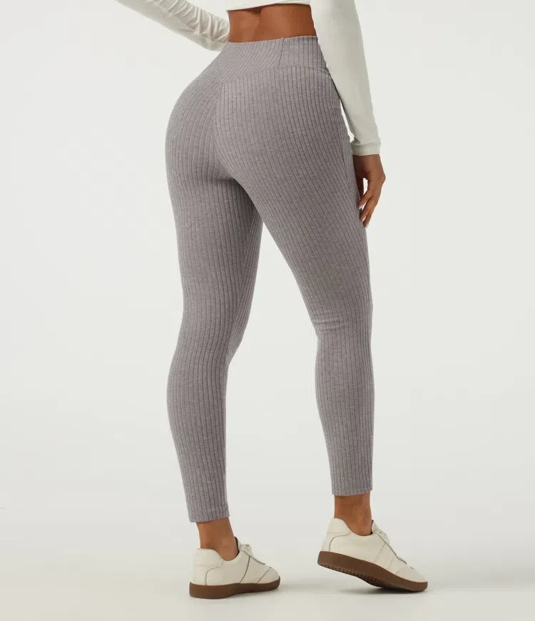 Ribbstickad crossover högmidjad skinny vardagsleggings med fickor