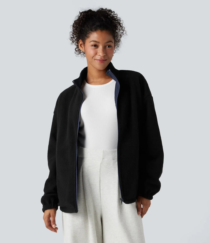 Vändbar hög hals långärmad dragkedja fleece vandringsjacka med fickor (två looks i en)