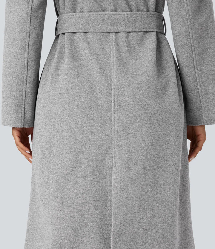Långärmad bältad lång modell fleece vardaglig kappa med fickor