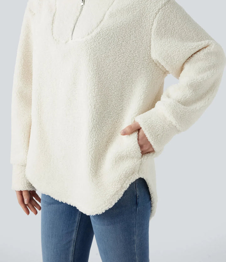 Med huva halv dragkedja rundad fåll oversized vardaglig sherpa sweatshirt med fickor