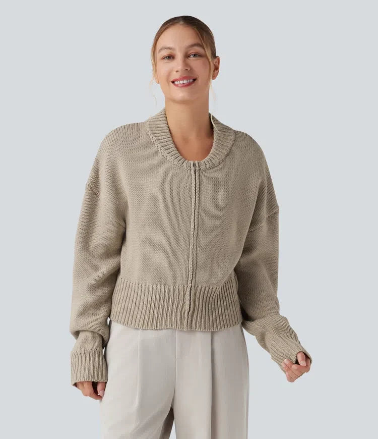 Långärmad dragkedjegylf vardaglig bomber cardigan