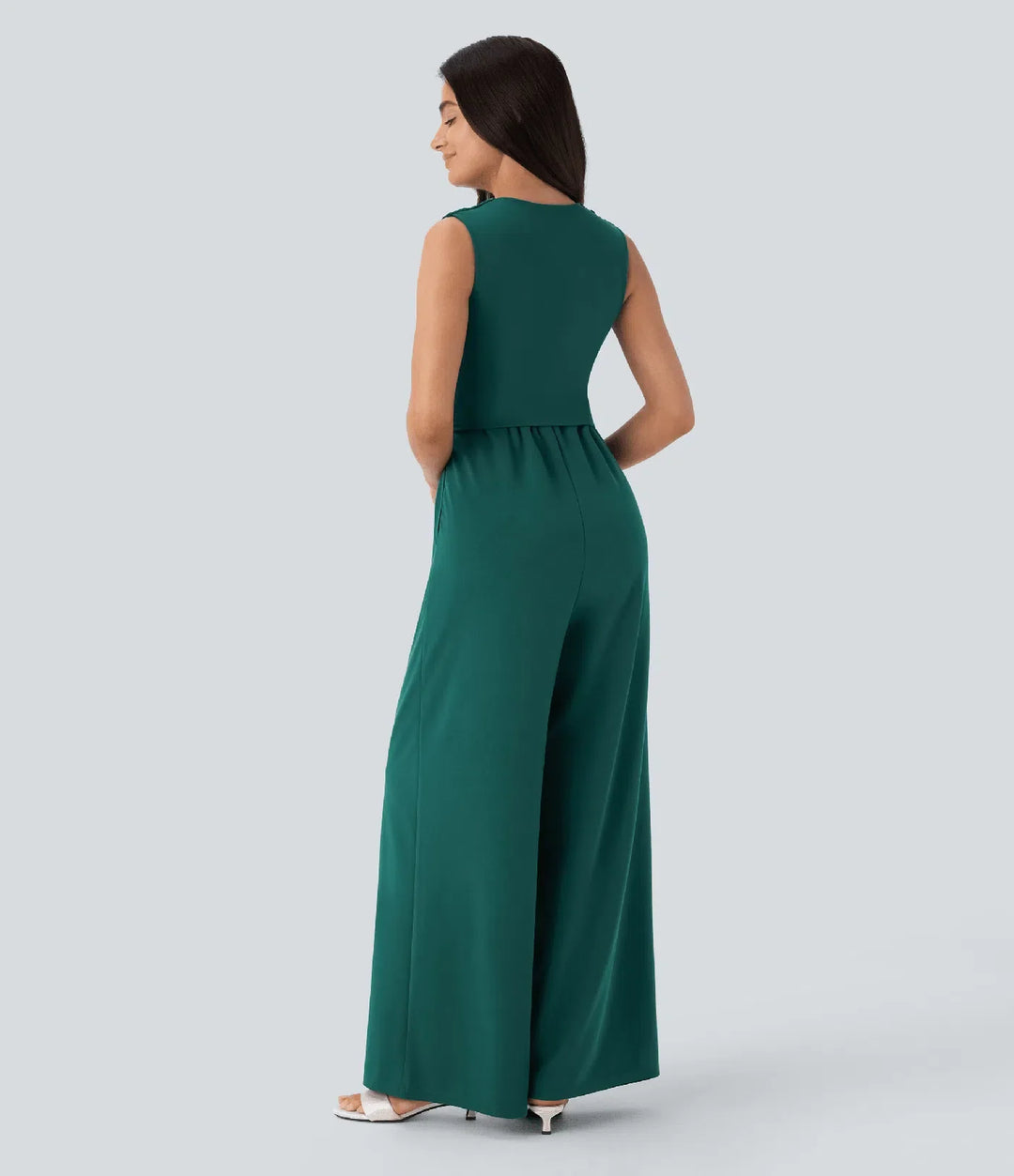 V-ringad ärmlös rynkat ficka jumpsuit-Easy Peezy