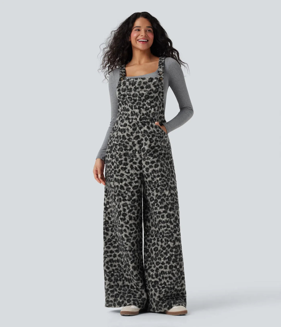 Fyrkantig halsringning leopardmönster teddy vardaglig baggy overall med fickor