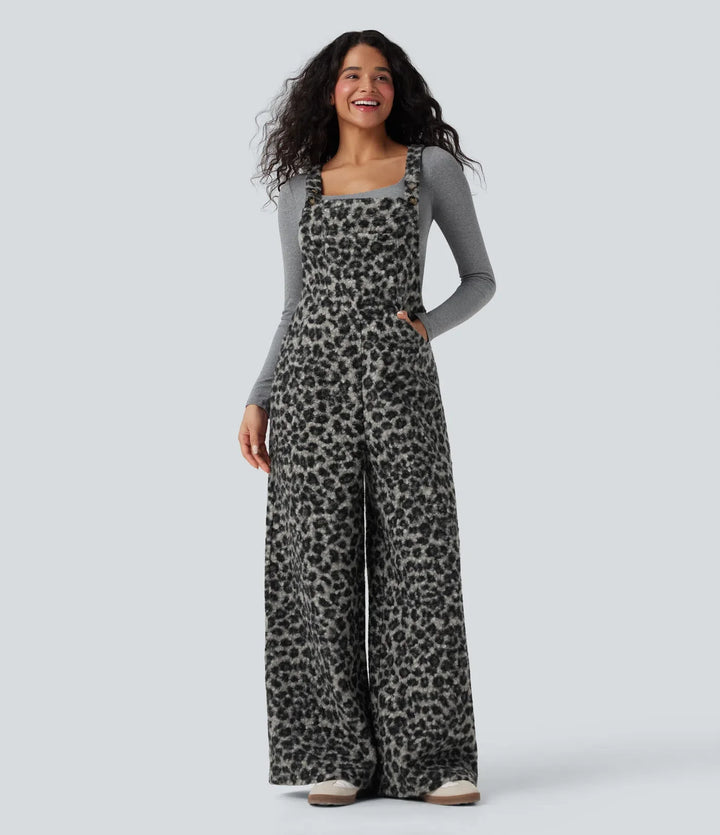 Fyrkantig halsringning leopardmönster teddy vardaglig baggy overall med fickor