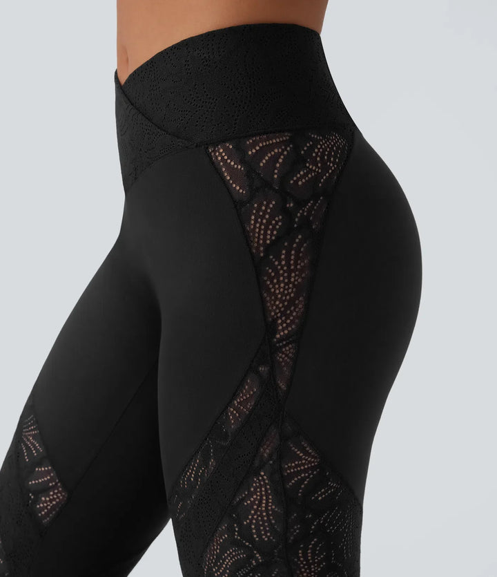 SoftlyZero med hög midja, omlottmidja och ficka kontrastspets utsvängd yogaleggings