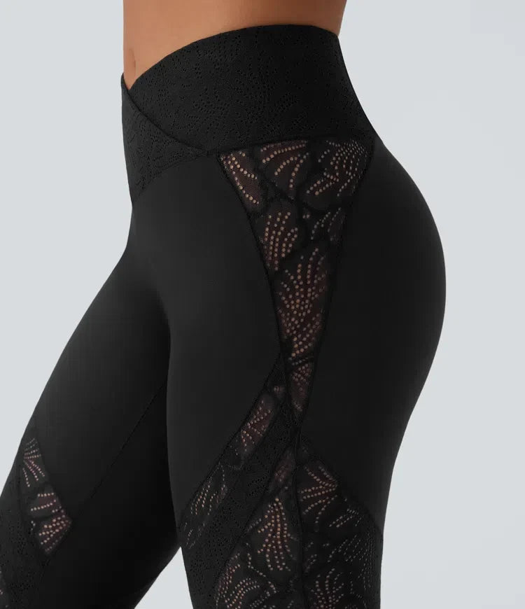 SoftlyZero med hög midja, omlottmidja och ficka kontrastspets utsvängd yogaleggings