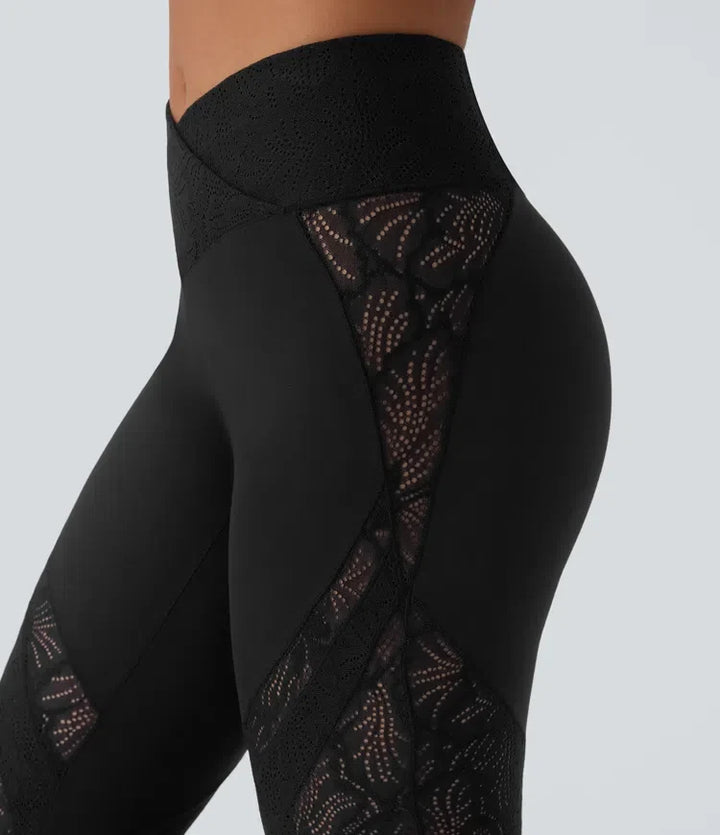 SoftlyZero med hög midja, omlottmidja och ficka kontrastspets utsvängd yogaleggings