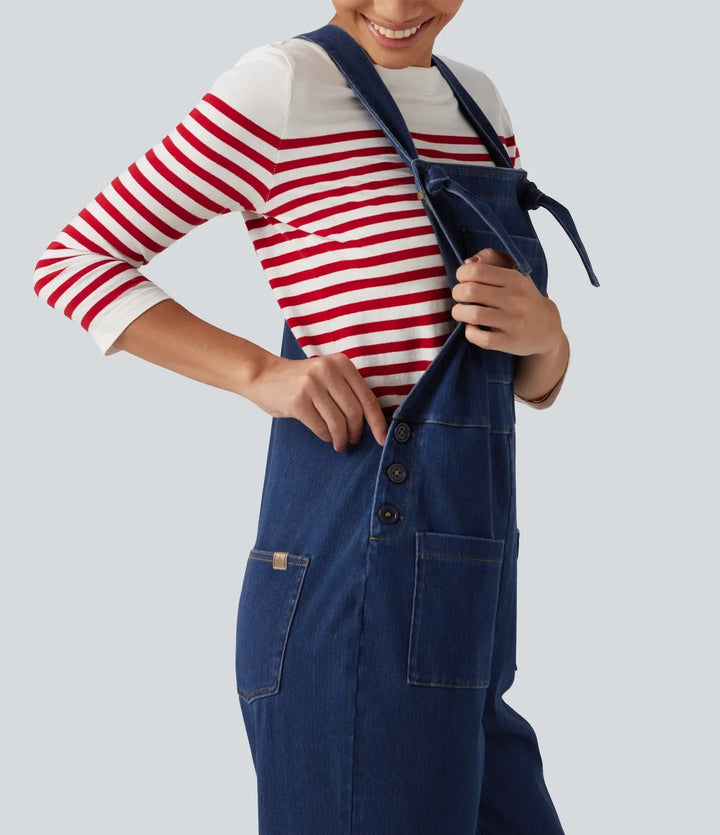Lyckera Flex denim fyrkantig halsringning ärmlös avsmalnande vardaglig jumpsuit med fickor