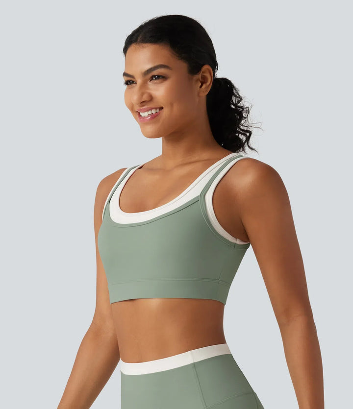 Lyckera UltraSculpt medium stöd U-ringad inbyggd BH vriden färgblock yoga sport-BH