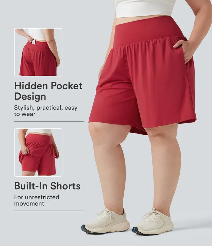 Plusstorlek SoftlyZero Airy med extra hög midja 2-i-1 InstantCool yogashorts 9'' med fickor