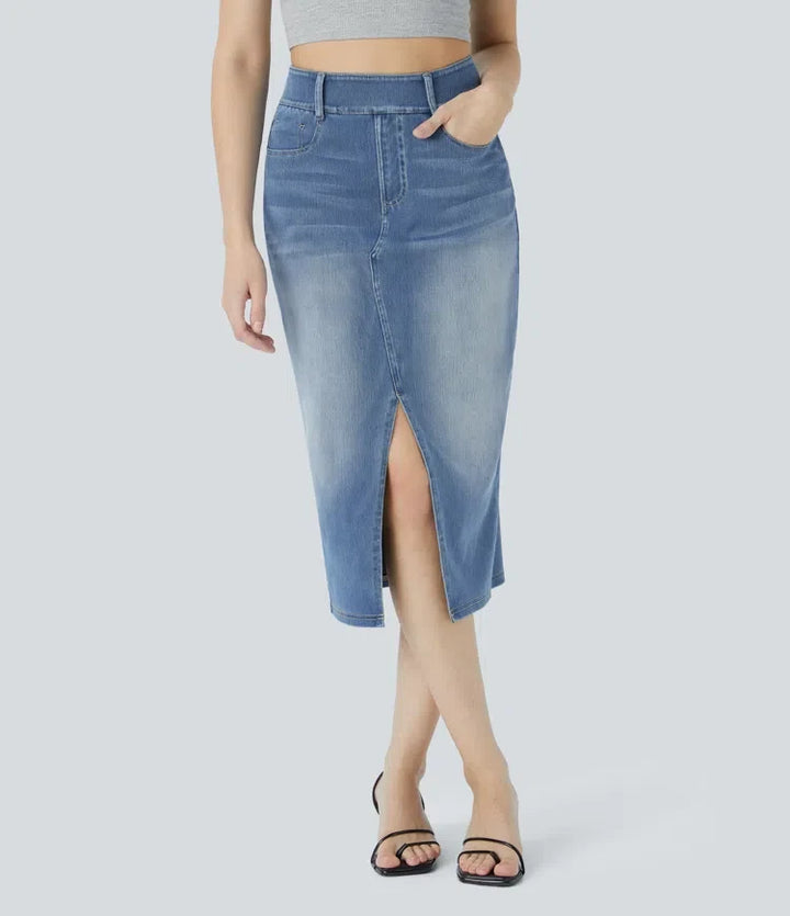 Halara Flex med hög midja och fickor figurnära tvättad denim för vardag midi kjol
