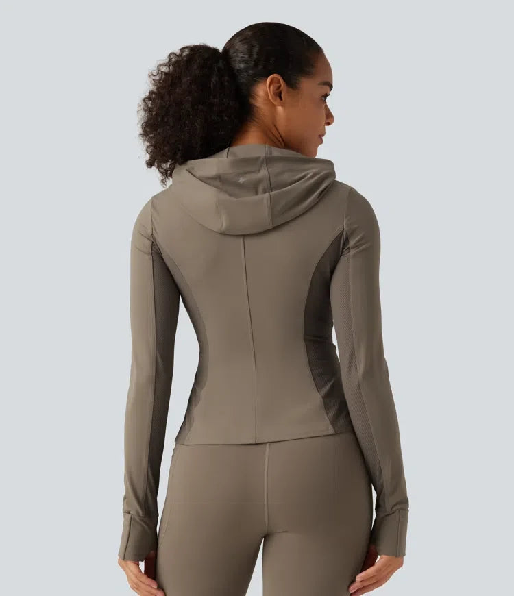 Lyckera UltraSculpt med huva långärmad volangfåll yoga träningsjacka med fickor och tumhål