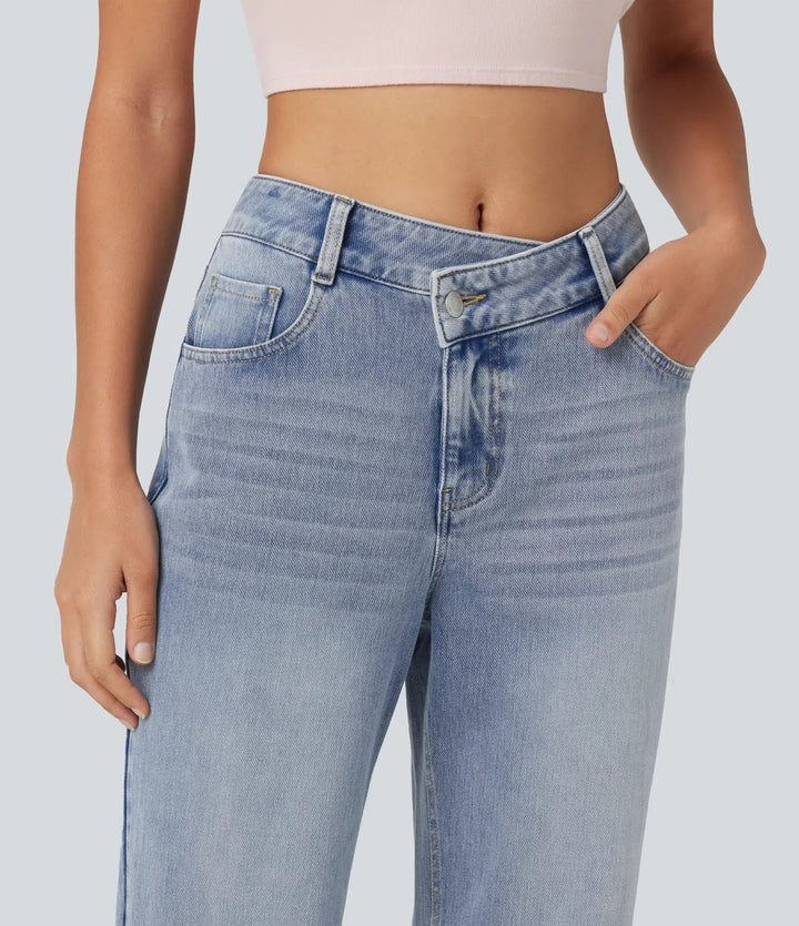 Lyckera Flex asymmetrisk medelhög midja raka ben vardagsjeans med fickor