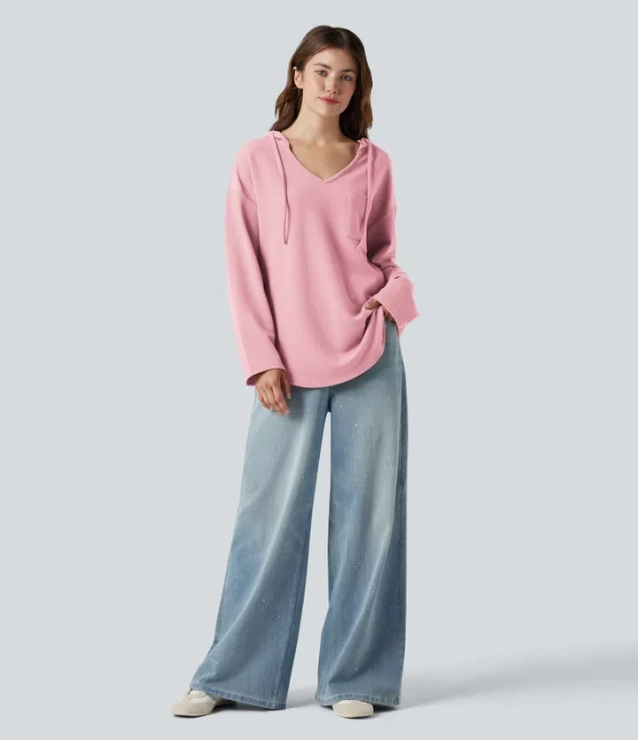 Med huva dragsko långärmad rundad fåll våffelstruktur vardaglig sweatshirt med ficka