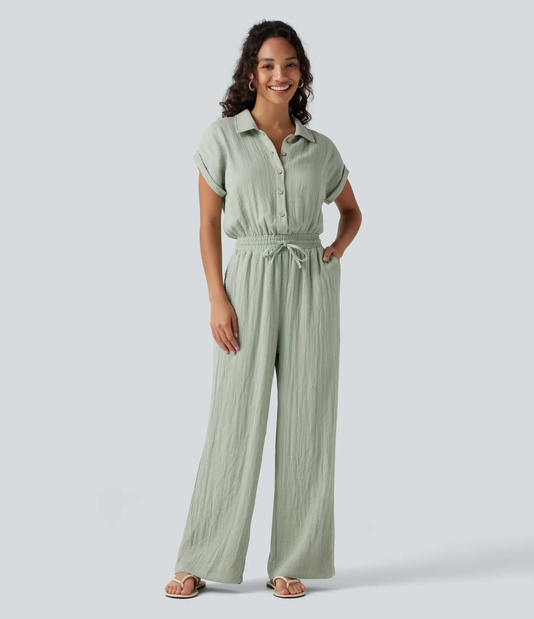Kortärmad dragsko baggy vardaglig linnekänsla jumpsuit med fickor