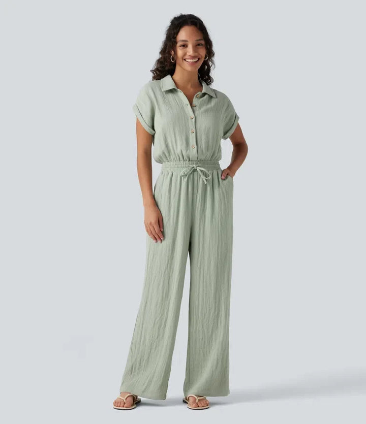 Kortärmad dragsko baggy vardaglig linnekänsla jumpsuit med fickor