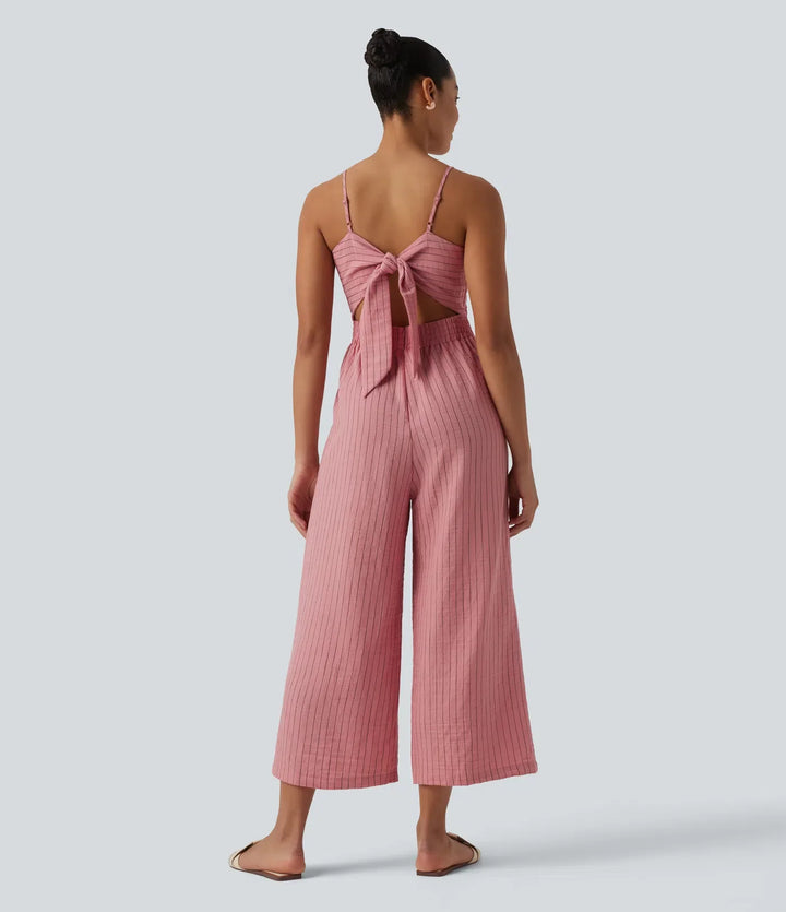 Knytning i ryggen skuren-ut randig linnekänsla slip jumpsuit med fickor