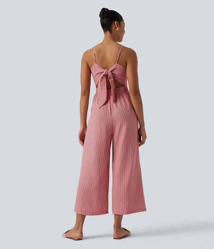 Knytning i ryggen skuren-ut randig linnekänsla slip jumpsuit med fickor