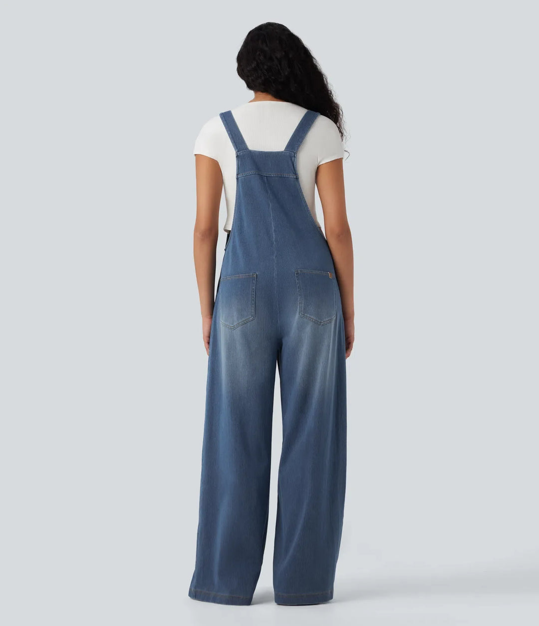 Halara Flex fyrkantig halsringning tvättad denim hängselbyxor för vardag med fickor