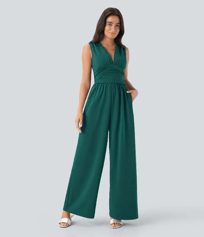 V-ringning ärmlös rynklad ficka jumpsuit – Easy Peezy