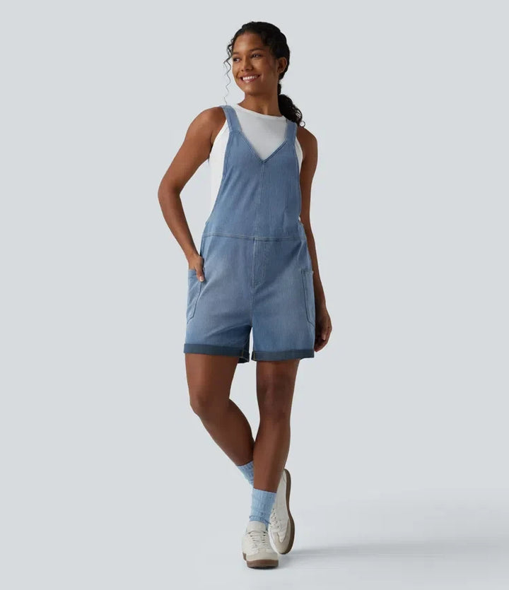 Lyckera Flex V-ringad upprullad fåll tvättad denim vardaglig kort overall med fickor