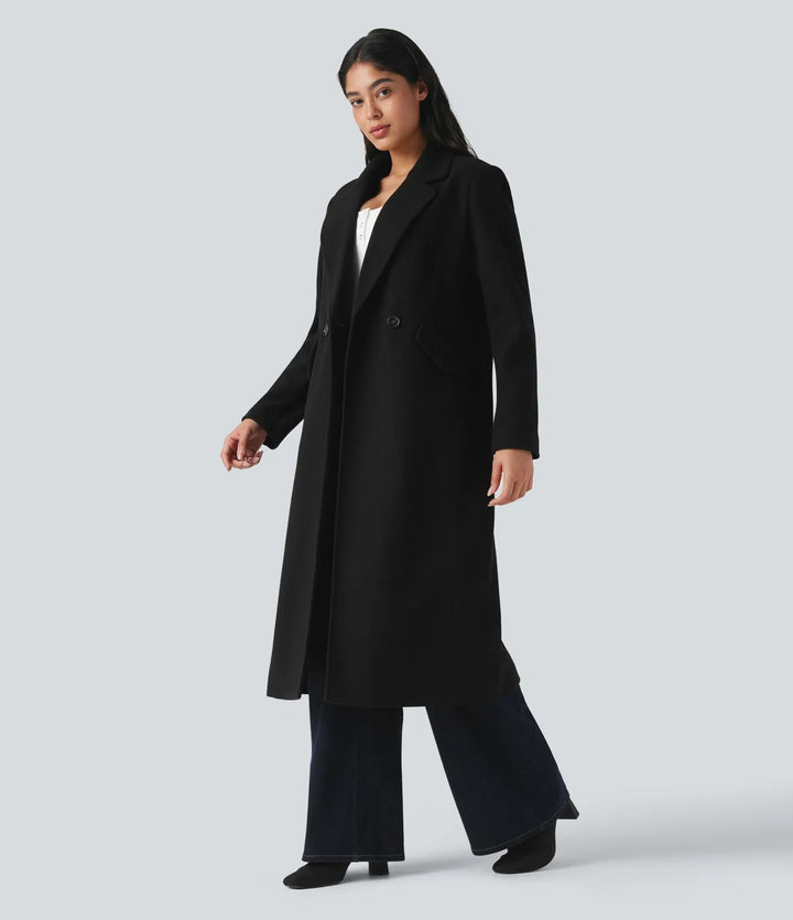 Notchkrage långärmad lång modell fleece vardaglig kappa med fickor