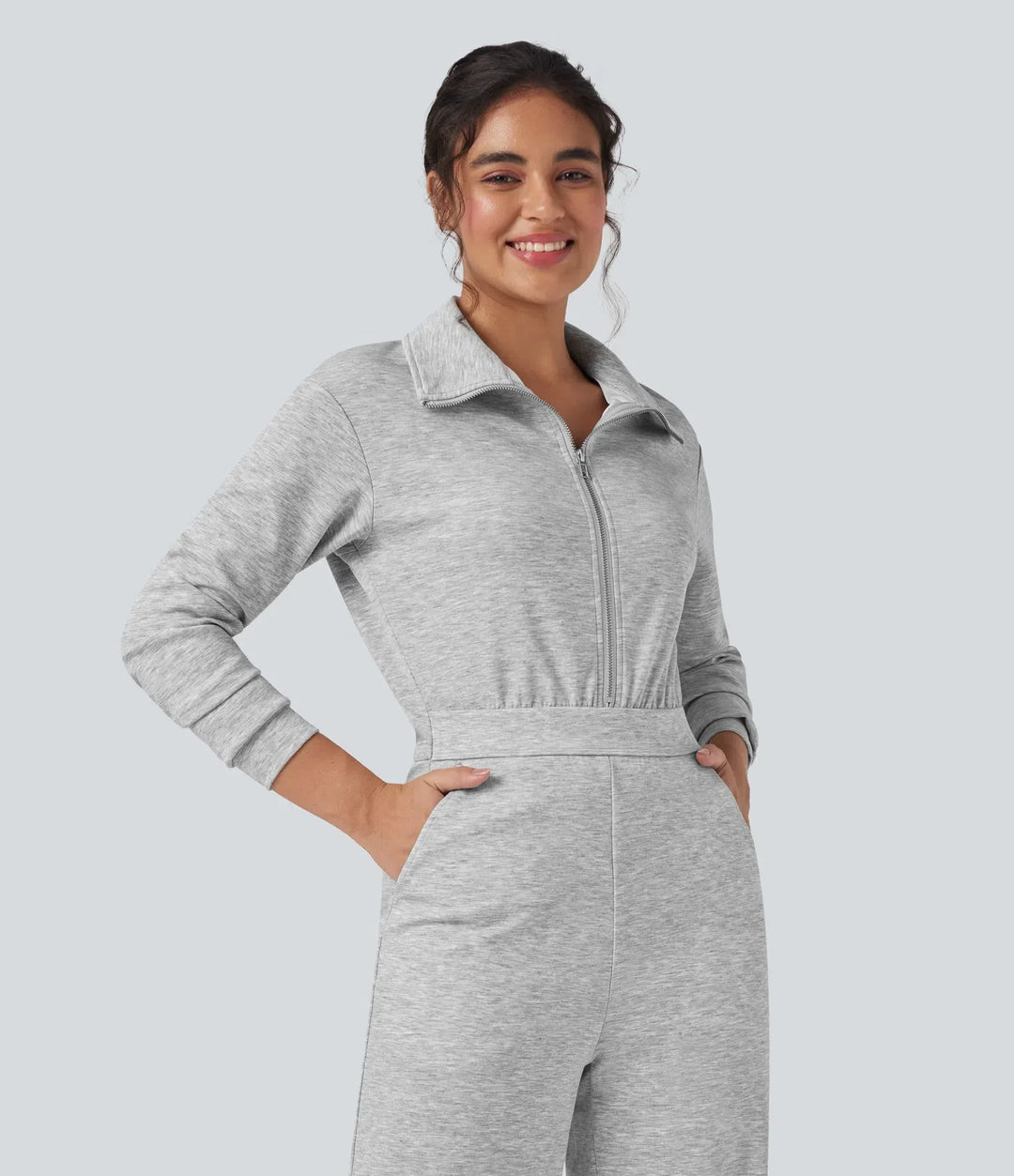 Slagkrage dragkedja långärmad vardaglig jumpsuit med fickor-Easy Peezy